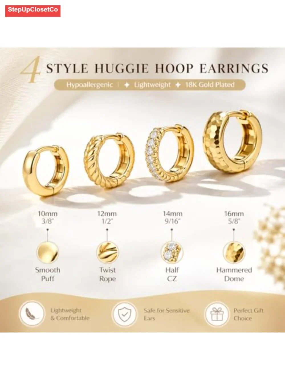 4Pcs 18K Gold Plated Huggie Hoop Earrings Set, Hypoallergenic Small Hoops,